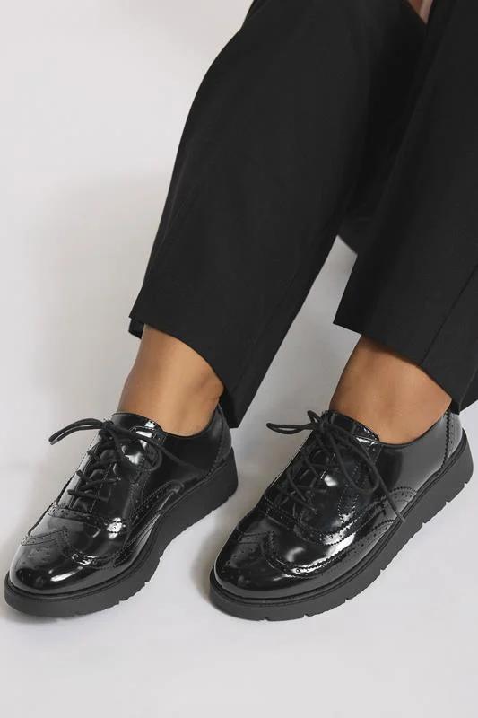 Black Patent Lace Up Brogue Flats In Extra Wide EEE Fit