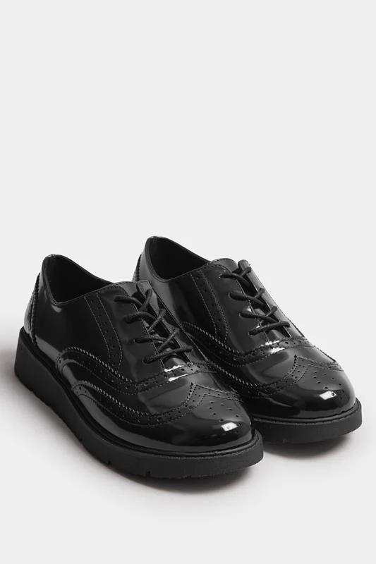 Black Patent Lace Up Brogue Flats In Extra Wide EEE Fit